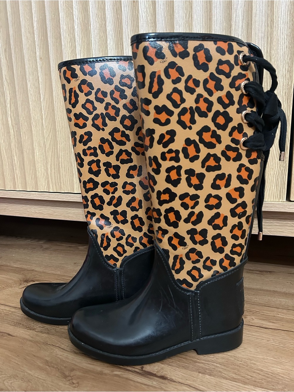 Coach Leopard Print Knee-High Rain Boots - Black and Tan
